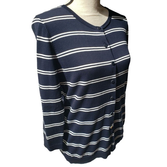 Womens Sweater TALBOTS White &Blue Striped Cotton Knit Cardigan 3/4 Slv Sz Small - Picture 2 of 8